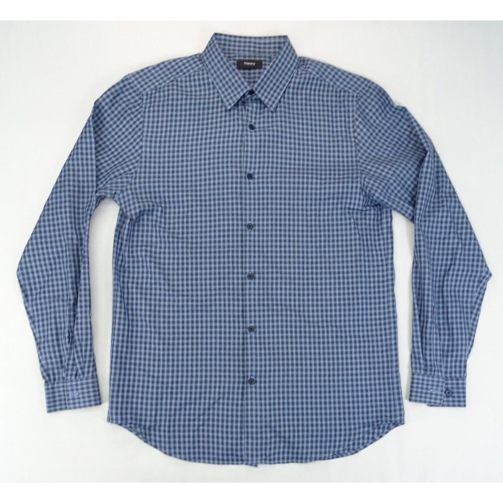 THEORY Men Irving Long Sleeve‎ Shirt M Fade Check Button Cotton Blue